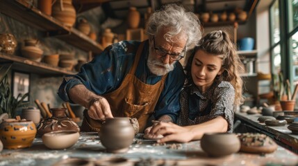 A man and a woman are working on pottery in a workshop