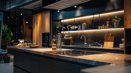 Close- up inside interior kitchen equipment showroom for sale and peoples, Realistic, realistic lighting, rule of thirds 