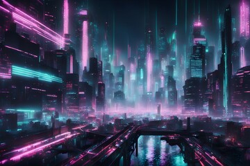 A cityscape with neon lights and a bridge over a river - obrazy, fototapety, plakaty