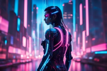 A woman in a futuristic outfit stands in front of a cityscape with neon lights
