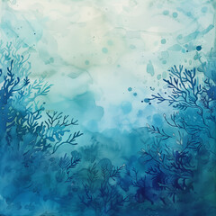 blue gradient watercolor underwater background with coral reef and algae. Watercolor backdrop