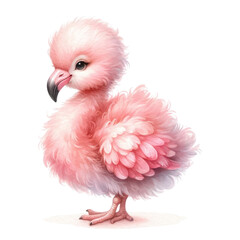 A cute pink baby flamingo with big eyes and fluffy feathers.