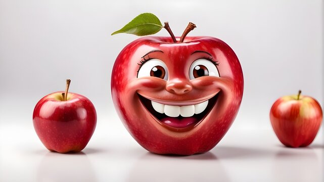 a red apple showing expression of happiness and laughing like happiest emoji at white background