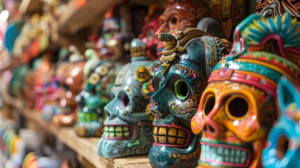 Display of bright and vibrant painted skulls lined up neatly on a wooden shelf.