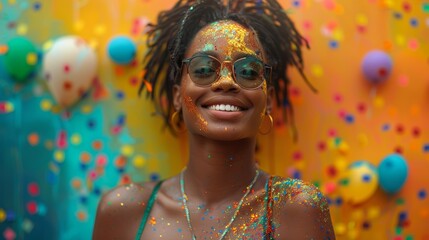 Naklejka premium A woman with glitter on her face and a smile, AI