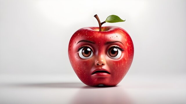 a red apple showing expression of sadness and tears in its eyes like sad emoji at white background