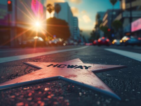 Iconic Hollywood Walk of Fame Star at Sunset Amid Bustling City Lights