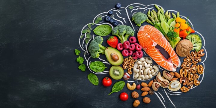 Chalk hand drawn brain picture with assorted food for brain health and good memory