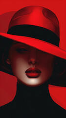 A woman wearing a red hat and red lipstick - obrazy, fototapety, plakaty