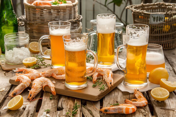 Beer with fish snacks. Healthy eating emblem. Isolated vector. Beer banner.