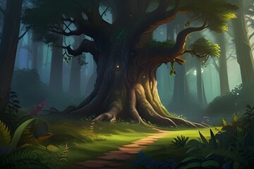 A beautiful fairytale enchanted forest with big trees and great vegetation. Digital painting...