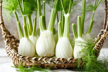 A collection of fresh, organic fennel bulbs, their fronds lush and green, displayed in a wicker basket on a white canvas.