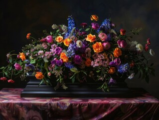 Luxurious Funeral Flower Bouquet with Dramatic Lighting and Cinematic Composition