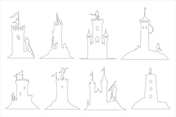 silhouette of the castle bundle set, Ancient castle silhouette bundle, Castle with towers fortified walls gates weather vanes and tiled roofs  