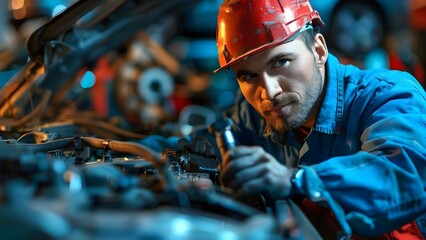 A male auto mechanic locksmith specializes in car repairs at a service station. Concept Automotive Repair, Locksmith Services, Service Station, Male Mechanic, Car Specialist
