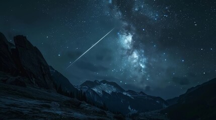 Fototapeta premium Majestic Shooting Star Streaks Across Starry Night Sky Above Rugged Mountain Landscape