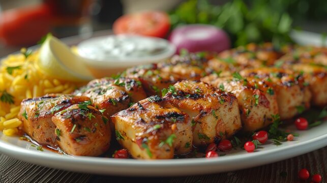 Traditional Turkish Iskender Kebab with Garnishes. Authentic Turkish Iskender kebab served on a plate with vibrant garnishes, lemon slices, and a side of pasta, perfect for a traditional meal.
