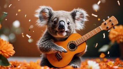 Cute koala playing guitar and falling leaves. 