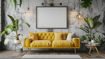 Pops of color in minimalist furniture, empty wall in Scandinavian living room