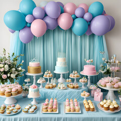 Beautiful decoration, baby shower party, blue pink, sweets cake balloons, celebration, parenting, gender, table, catering, cute decorated event