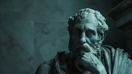 Statue of an ancient philosopher thinking and meditating in the twilight, with hand stroking the beard, isolated against a dark marble background. Image for a philosophical quote with blank space.