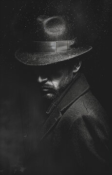 Gangster from a criminal mafia or a detective from a crime novel, with a hat covering the eyes and an elegant jacket in the darkness. Black and white photograph of a character.