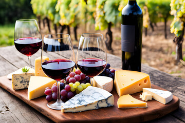 Wine cheese hard mold blue plate grapes vineyards background close up tasting dinner red muscat Italy France Spain Burgundy Bordoe Chardonnay eco sampling romantic glasses appetizer platter sommelier