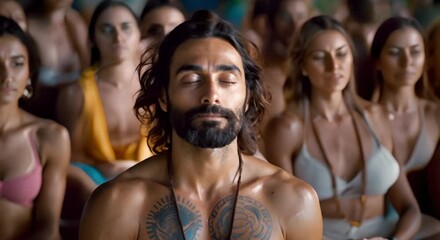Men and women participating in a group yoga meditation session practicing breathing exercises together. Concept Group Yoga, Meditation, Breathing Exercises, Men and Women, Wellness