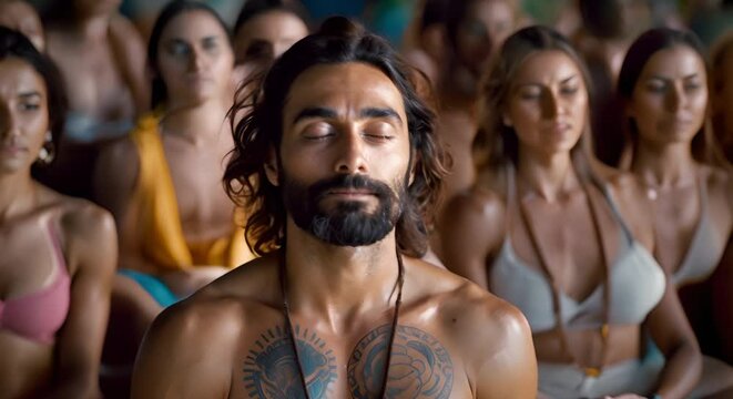 Men and women participating in a group yoga meditation session practicing breathing exercises together. Concept Group Yoga, Meditation, Breathing Exercises, Men and Women, Wellness