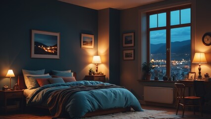 A bedroom with a large window overlooking a city at night