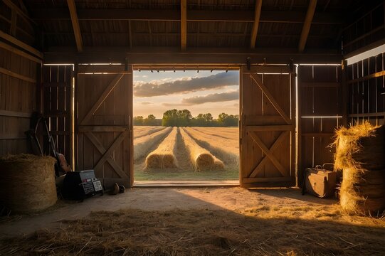 the inside of a barn with door open looking into the fields at golden hour, 
