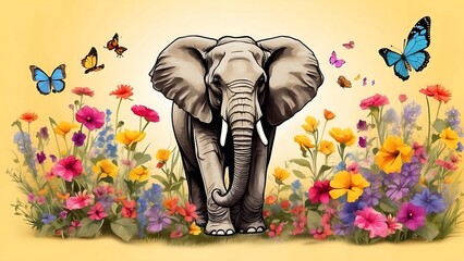 Elephant in the meadow with flowers and butterflies
