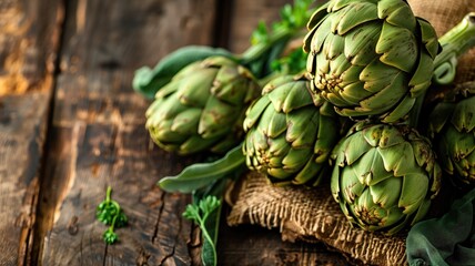 Fototapeta premium Fresh artichokes on a rustic wooden table