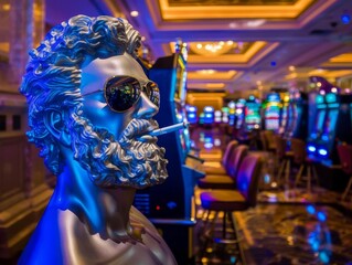 Greek sculpture, sunglasses reflecting the slot machine lights