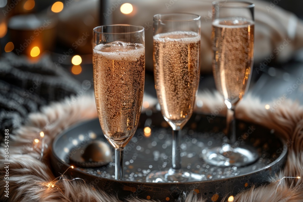 Poster a warm festive setting featuring glasses of sparkling champagne on a tray adorned with twinkling fai