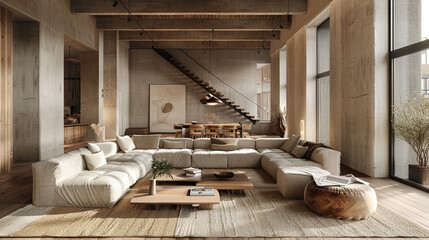 Fototapeta na wymiar Scandinavian living room, warm wood accents, plush rug