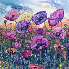 Cartoon Poppies in Landscape 