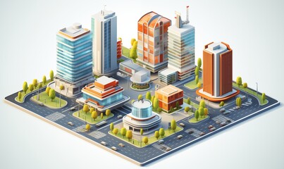 Mixed Architectural Designs Isometric 3D City Vector Illustration Highlighting Structural Design.