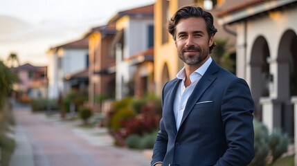 essence of property selling success with a confident property agent standing in front of a row of upscale houses, exuding professionalism and trustworthiness.