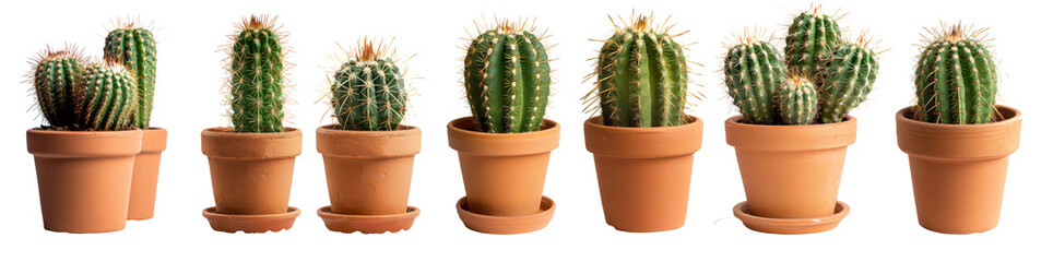 Collection of  cactuses in terracotta pots isolated on transparent background. 
