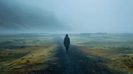 Woman walking through foggy field