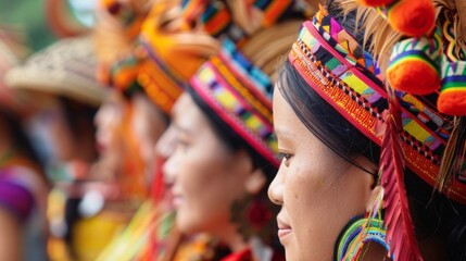 Several women wearing vibrant headdresses stand closely together.