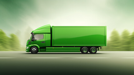 Green truck on the road, electric vehicle, concept of clean fresh transportation, environmentally green power