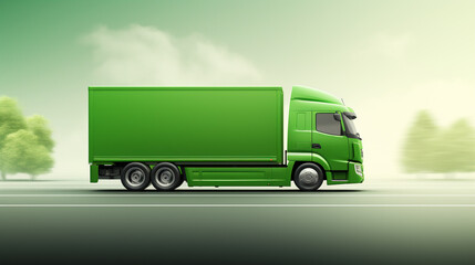Green truck on the road, electric vehicle, concept of clean fresh transportation, environmentally green power