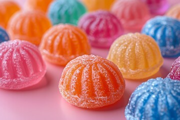 Obraz premium Vibrant assorted sugar-coated jelly candies in multiple colors neatly arranged on a pink background