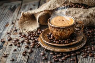 Obraz premium Steaming Espresso Cup on Wooden Table with Scattered Beans