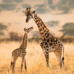 Obraz premium the_moment_of_a_mother_giraffe_bending_down