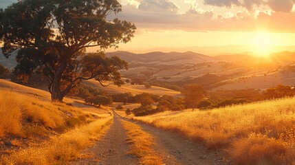 Obraz premium A dirt road leading to a hillside with trees and grass, AI