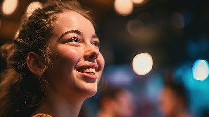  portrait of a smiling young woman during a performance - obrazy, fototapety, plakaty