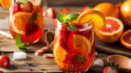 Refreshing fruit sangria in jug with different fruit punch ai generative